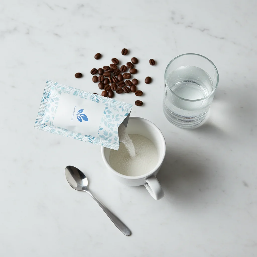 Morning wellness routine: supplement sachet, coffee mug and fresh ingredients on a light surface